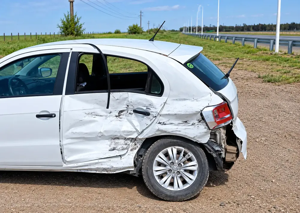 Volkswagen blanco dañado junto a la carretera
